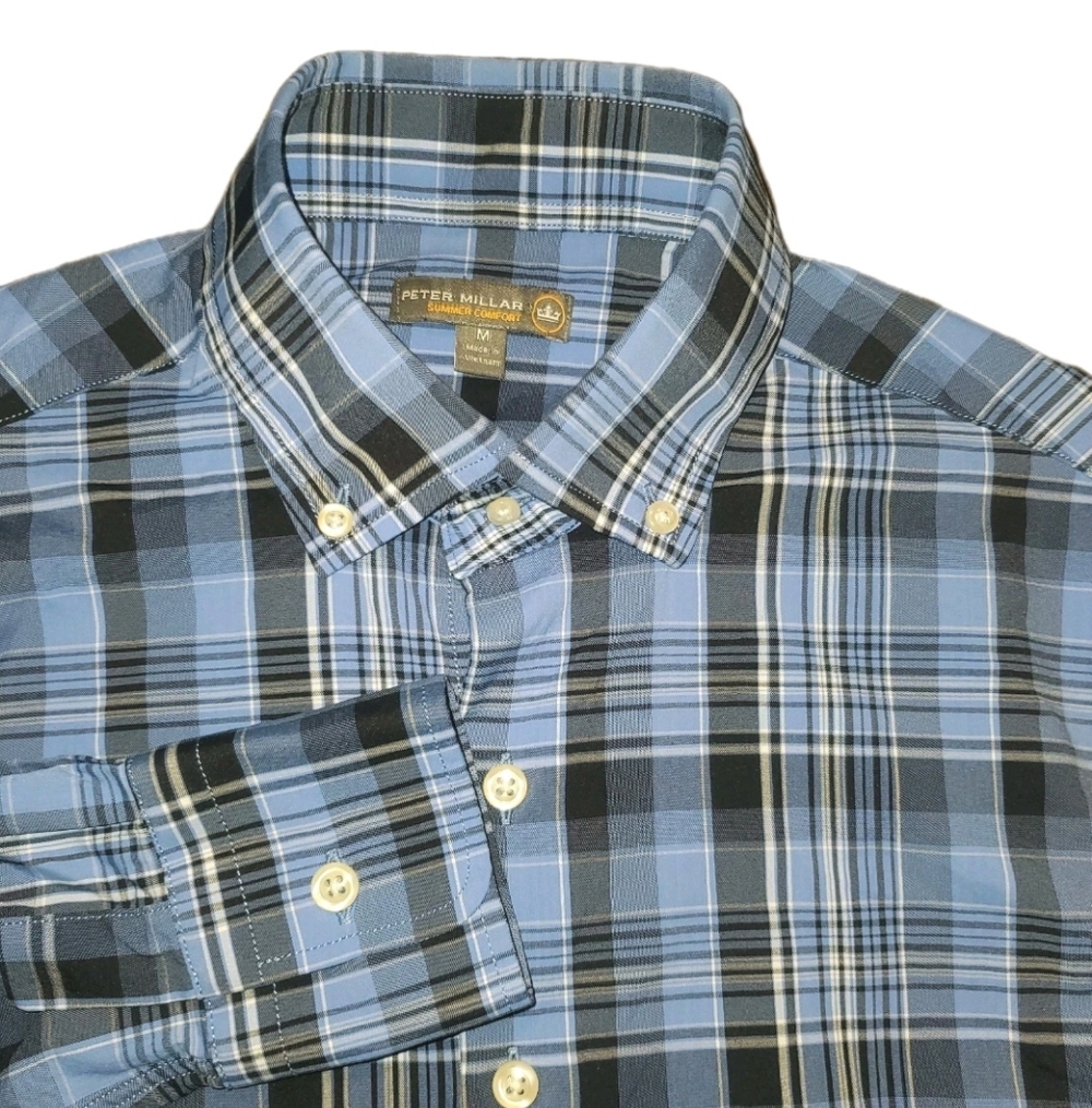 Peter Millar Shirt Mens Medium Blue Plaid Summer Comfort Button Down Long Sleeve